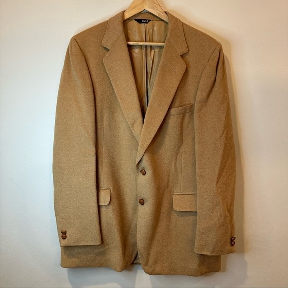DAKS London New York Camel Sport Coat Jacket Blazer Leather Accent Buttons 46R - Picture 1 of 10